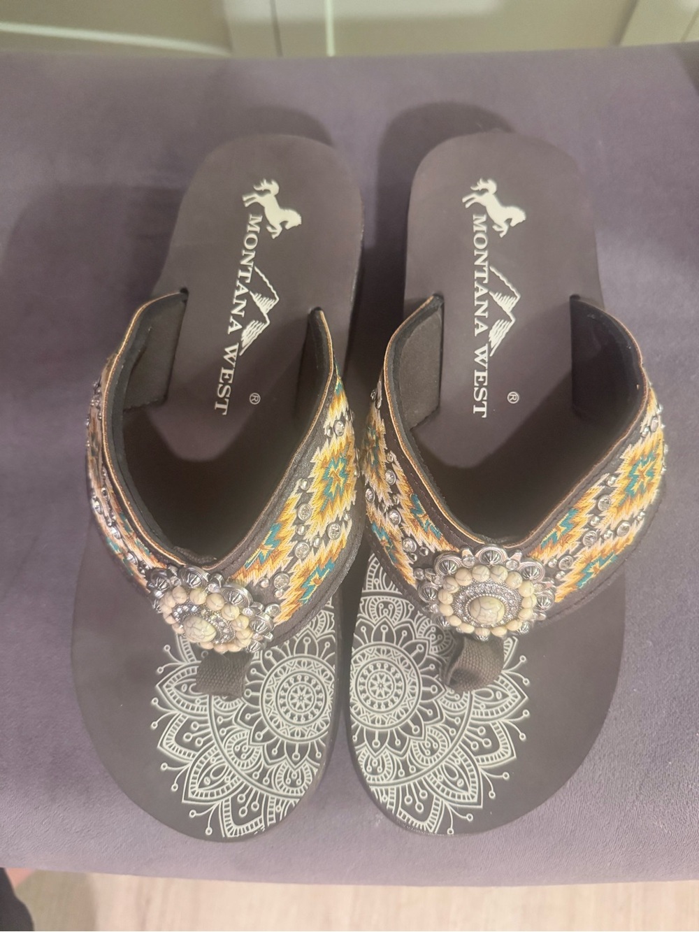 Montana West Embellished Beaded Thong Sandals - Brown, Yellow, Turquoise